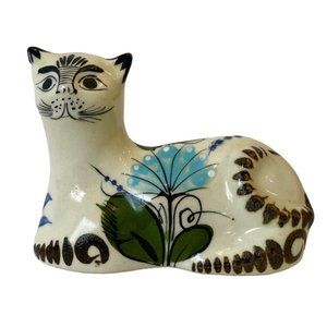Tonala Mexican Pottery Hand Painted Folk Art Cat Sculpture Figurine SIGNED Reyna
